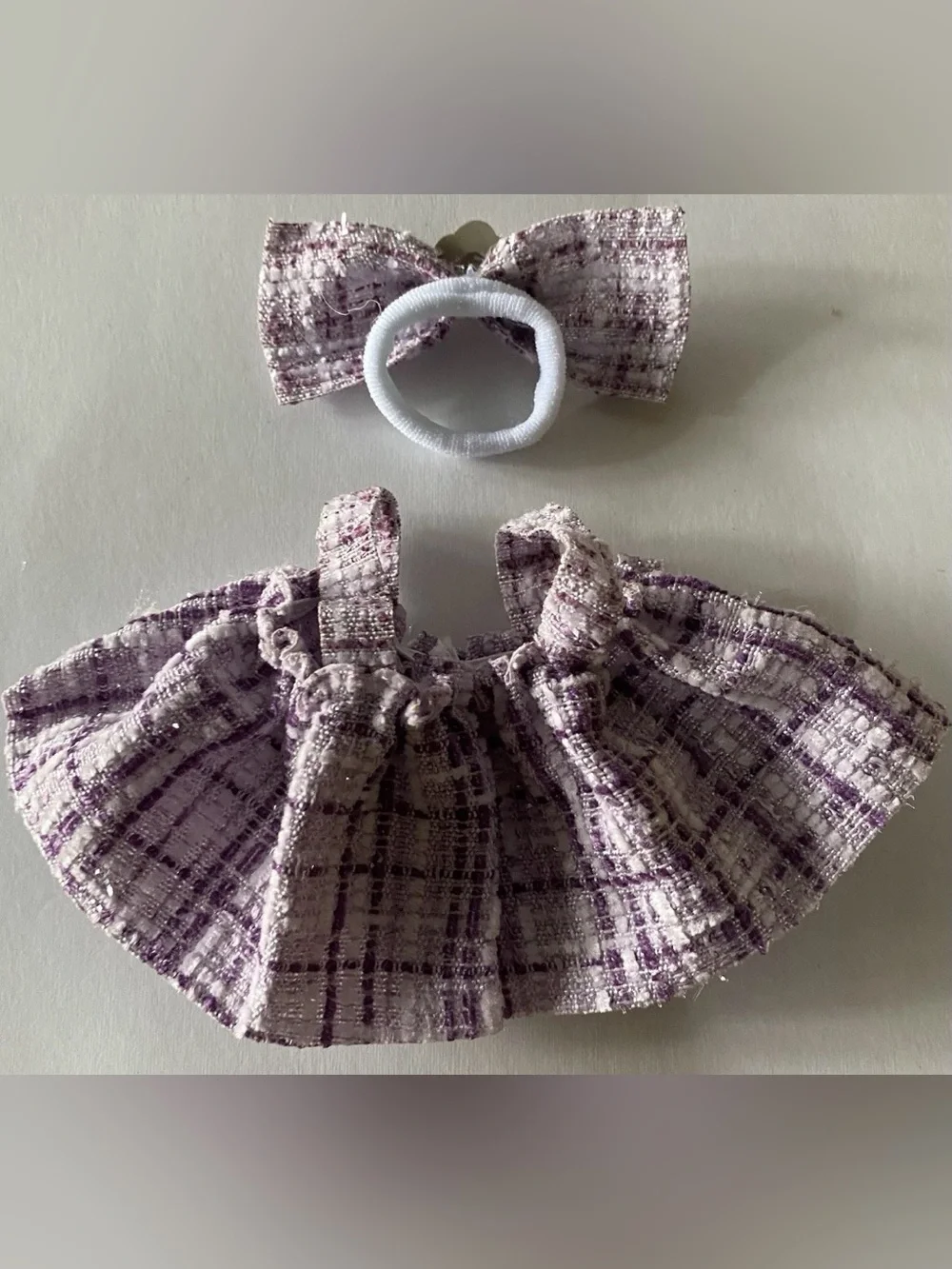 Monster TWEED Purple DESIGNER Style DRESS W/ Hair BOW - Labubu Doll NOT INCLUDED